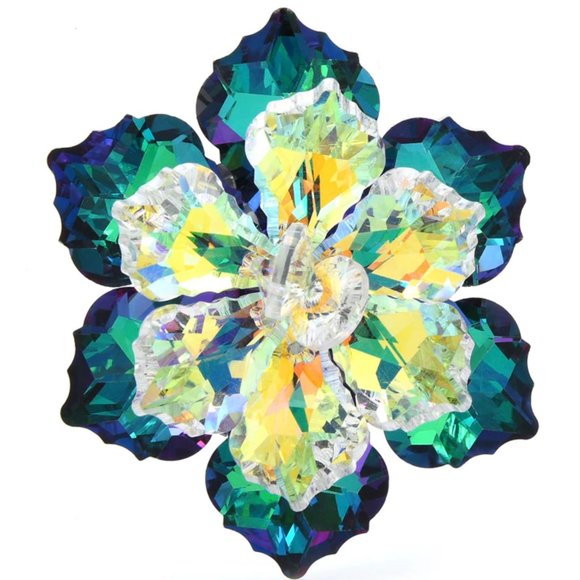 Sparkling Teal crystal flower pin brooch Layers of baroque AB crystals - Picture 3 of 4